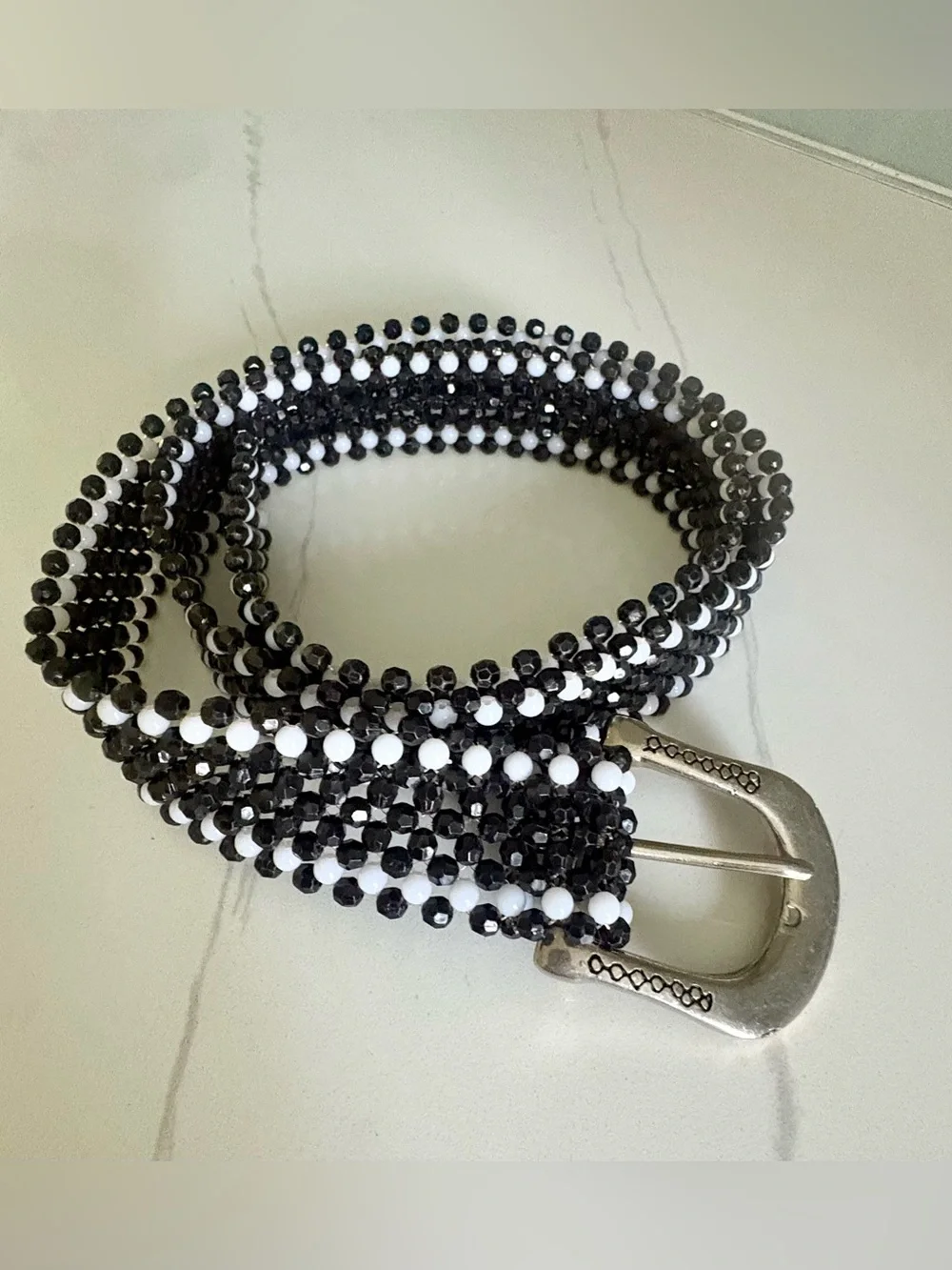 Vintage Black White Beaded Western Belt Woven Boho Statement 44” Adjustable 1.5”